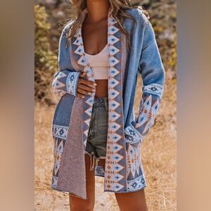 Women’s Aztec Print Open Front Knitted Cardigan Blue